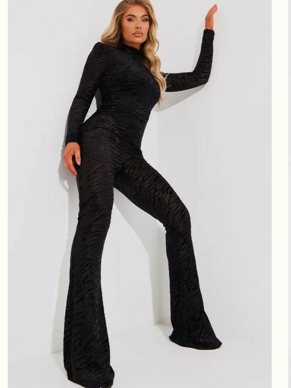 Women's Sheer Black Velvet Flared Jumpsuit